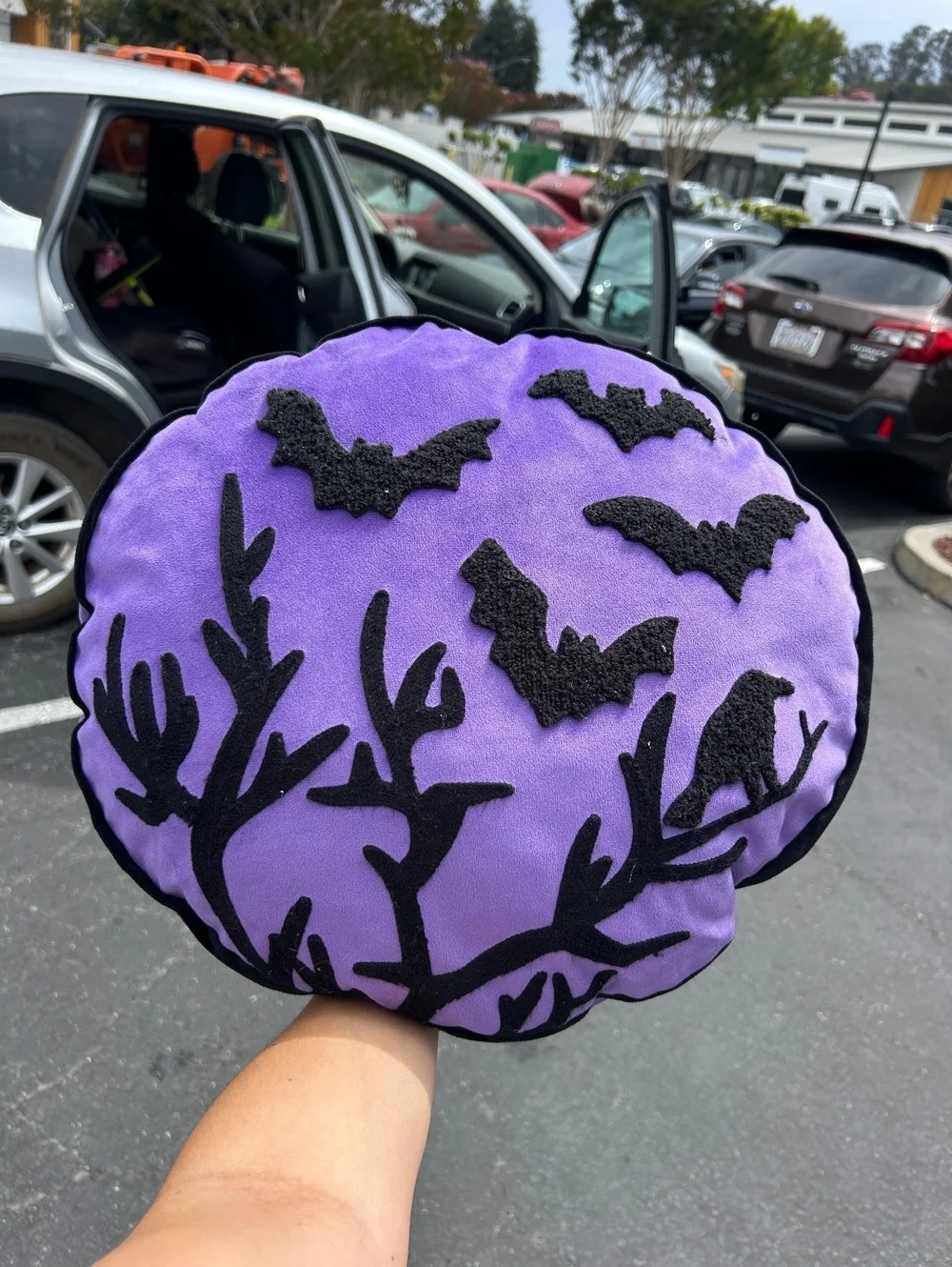 Halloween Purple Moon Pillow Bats Raven Tree Round Throw Decor Spooky Gothic